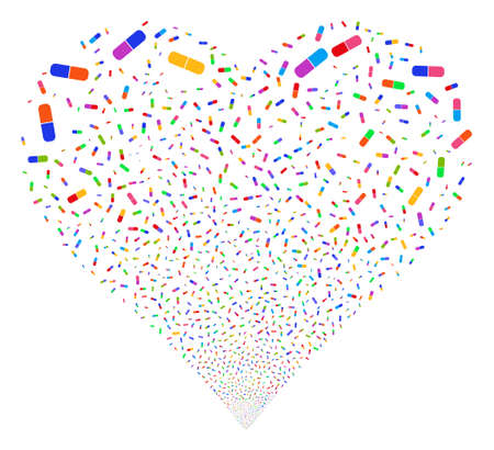 Pill fireworks with heart shape. Vector illustration style is flat bright multicolored iconic symbols on a white background. Object heart made from scattered symbols.のイラスト素材
