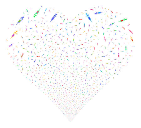 Syringe fireworks with heart shape. Vector illustration style is flat bright multicolored iconic symbols on a white background. Object heart created from scattered pictographs.のイラスト素材