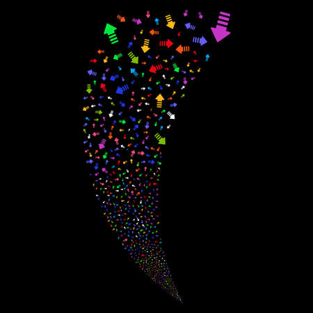 Arrow Pointer random fireworks stream. Vector illustration style is flat bright multicolored iconic symbols on a black background. Object fountain organized from scattered design elements.のイラスト素材