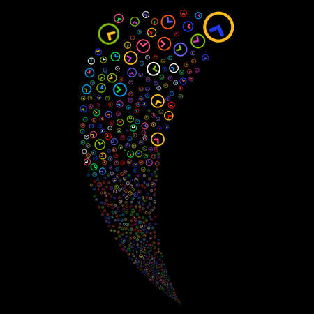 Clock random fireworks stream. Vector illustration style is flat bright multicolored iconic symbols on a black background. Object fountain constructed from scattered pictograms.のイラスト素材