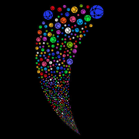 Web Browser random fireworks stream. Vector illustration style is flat bright multicolored iconic symbols on a black background. Object fountain organized from scattered design elements.のイラスト素材