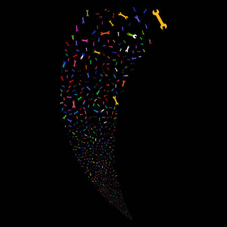 Wrench Symbols random fireworks stream. Vector illustration style is flat bright multicolored iconic symbols on a black background. Object fountain created from scattered icons.のイラスト素材