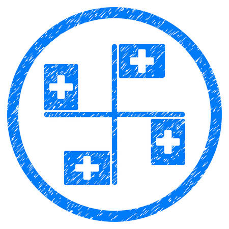 Hospital Flags grainy textured icon inside circle for overlay watermark stamps. Flat symbol with unclean texture. Circled vector blue rubber seal stamp with grunge design.のイラスト素材