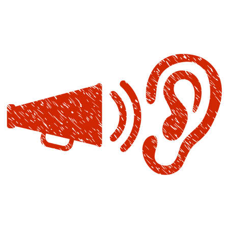 Grunge Listen Sound icon with grunge design and dust texture. Unclean raster red pictogram for rubber seal stamp imitations and watermarks. Draft sign symbol.の写真素材