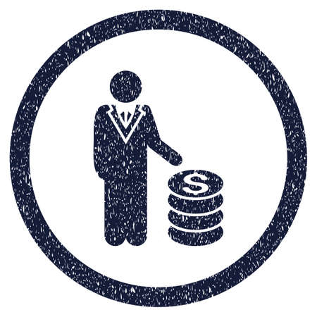 Businessman grainy textured icon inside circle for overlay watermark stamps. Flat symbol with unclean texture. Circled vector indigo blue rubber seal stamp with grunge design.のイラスト素材