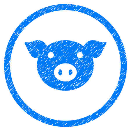 Pig Head grainy textured icon inside circle for overlay watermark stamps. Flat symbol with dust texture. Circled vector blue rubber seal stamp with grunge design.のイラスト素材