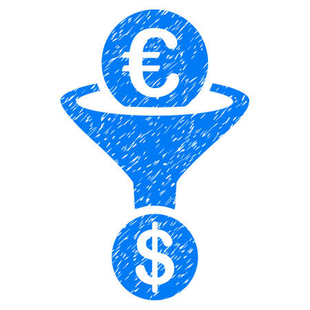 Grunge Euro Currency Conversion Funnel icon with grunge design and unclean texture. Unclean vector blue pictogram for rubber seal stamp imitations and watermarks. Draft sign symbol.のイラスト素材