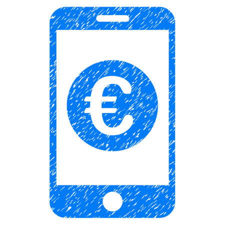 Grunge Euro Mobile Balance icon with grunge design and unclean texture. Unclean vector blue pictogram for rubber seal stamp imitations and watermarks. Draft sticker symbol.のイラスト素材