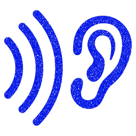Grunge Listen icon with grunge design and dust texture. Unclean raster blue pictogram for rubber seal stamp imitations and watermarks. Draft sticker symbol.の写真素材