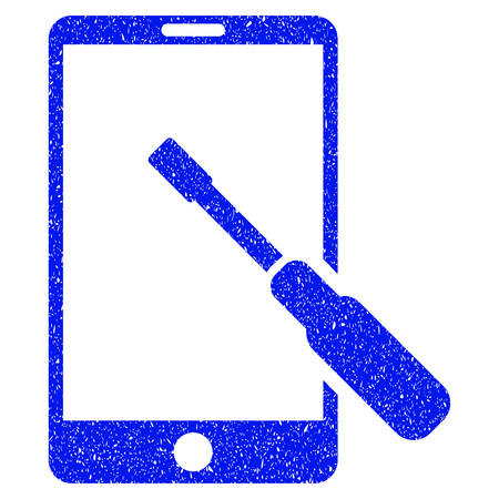 Grunge Smartphone Tuning Screwdriver icon with grunge design and unclean texture. Unclean vector blue pictogram for rubber seal stamp imitations and watermarks. Draft sign symbol.のイラスト素材