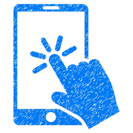 Grunge Click Smartphone icon with grunge design and unclean texture. Unclean vector blue pictogram for rubber seal stamp imitations and watermarks. Draft sign symbol.のイラスト素材