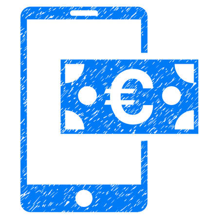 Grunge euro mobile cash icon with grunge design and unclean texture. Unclean vector blue pictogram for rubber seal stamp imitations and watermarks. Draft sticker symbol.のイラスト素材