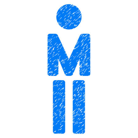 Grunge man icon with grunge design and dirty texture. Unclean vector blue pictogram for rubber seal stamp imitations and watermarks. Draft sticker symbol.のイラスト素材
