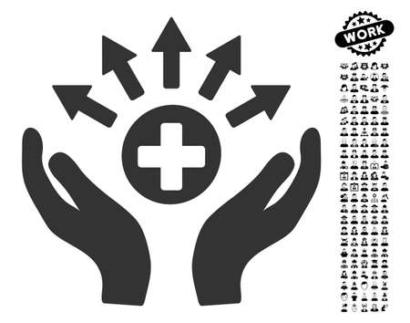 Medical Distribution Care Hands icon with black bonus people design elements. Medical Distribution Care Hands vector illustration style is a flat gray iconic symbol for web design,のイラスト素材