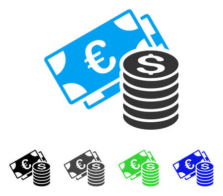 Euro And Dollar Cash flat vector icon. Colored euro and dollar cash gray, black, blue, green icon versions. Flat icon style for graphic design.のイラスト素材