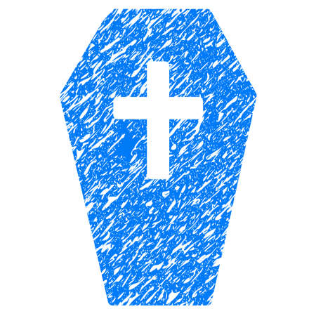 Grunge Coffin icon with grunge design and dirty texture. Unclean vector blue pictogram for rubber seal stamp imitations and watermarks. Draft sticker symbol.のイラスト素材