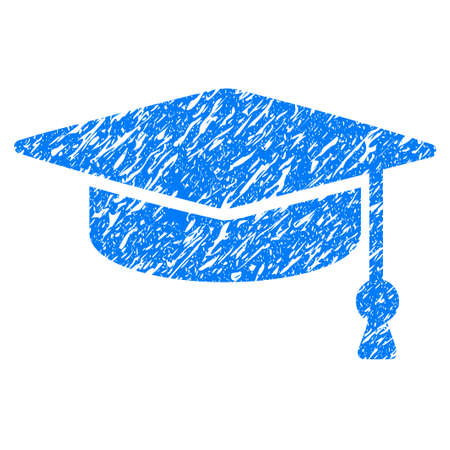 Grunge Graduation Cap icon with grunge design and scratched texture. Unclean vector blue pictogram for rubber seal stamp imitations and watermarks. Draft emblem symbol.のイラスト素材