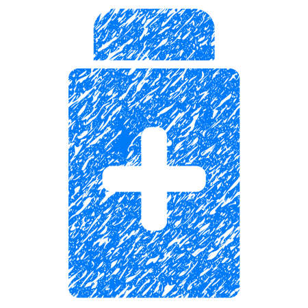 Grunge Medication Bottle icon with grunge design and dust texture. Unclean vector blue pictogram for rubber seal stamp imitations and watermarks. Draft emblem symbol.のイラスト素材