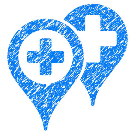 Grunge Hospital Map Markers icon with grunge design and dust texture. Unclean raster blue pictogram for rubber seal stamp imitations and watermarks. Draft sticker symbol.の写真素材