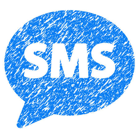 Grunge SMS icon with grunge design and scratched texture. Unclean raster blue pictogram for rubber seal stamp imitations and watermarks. Draft sticker symbol.の写真素材