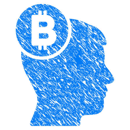 Grunge Bitcoin Mind Head icon with grunge design and dirty texture. Unclean vector blue pictogram for rubber seal stamp imitations and watermarks. Draft sign symbol.のイラスト素材