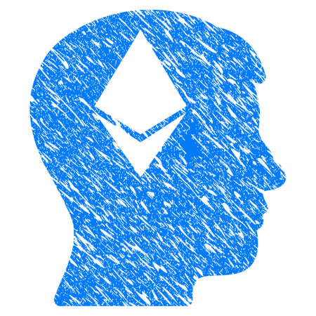 Grunge Ethereum Thinking Head icon with grunge design and scratched texture. Unclean vector blue pictogram for rubber seal stamp imitations and watermarks. Draft sign symbol.のイラスト素材