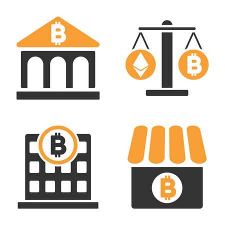 Bitcoin Bank vector icon set. Style is bicolor flat symbols.のイラスト素材