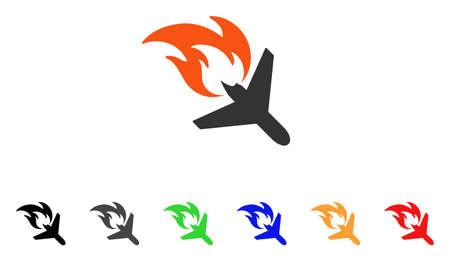 Airplane Fire Disaster icon. Vector illustration style is a flat iconic airplane fire disaster symbol with black, gray, green, blue, red, orange color variants.のイラスト素材