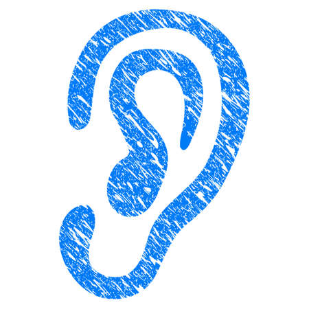 Grunge Ear icon with scratched design and dust texture. Unclean raster blue Ear pictogram for rubber seal stamp imitations and watermarks. Draft sign symbol.の写真素材