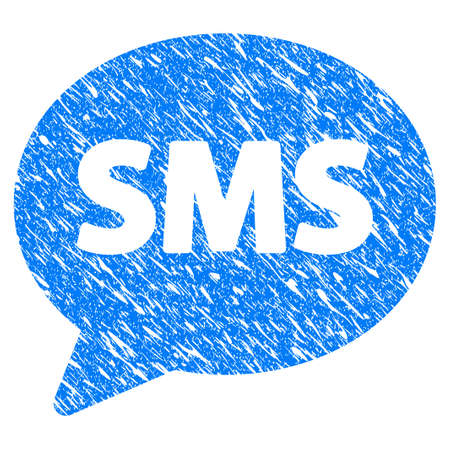 Grunge SMS Balloon icon with scratched design and dirty texture. Unclean raster blue SMS Balloon pictogram for rubber seal stamp imitations and watermarks. Draft sign symbol.の写真素材
