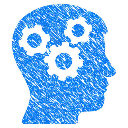 Grunge Mind Gears icon with scratched design and dust texture. Unclean vector blue Mind Gears pictogram for rubber seal stamp imitations and watermarks. Draft sticker symbol.のイラスト素材