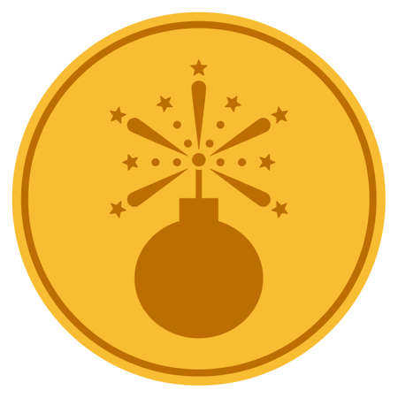 Fireworks Bomb golden coin icon. Vector style is a gold yellow flat coin symbol.