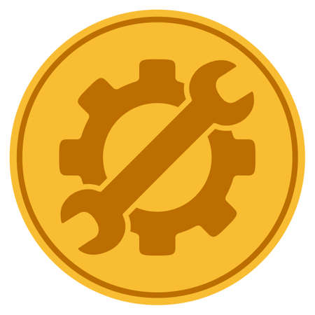 Optional Gear golden coin icon. Vector style is a gold yellow flat coin symbol.のイラスト素材