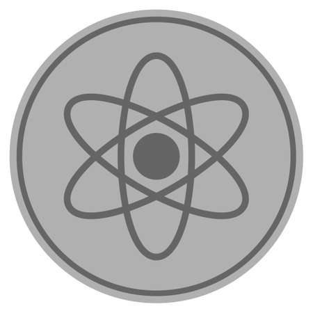 Atom silver coin icon. Vector style is a silver gray flat coin symbol.