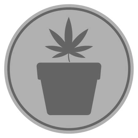 Cannabis Pot silver coin icon. Raster style is a silver gray flat coin symbol.の写真素材