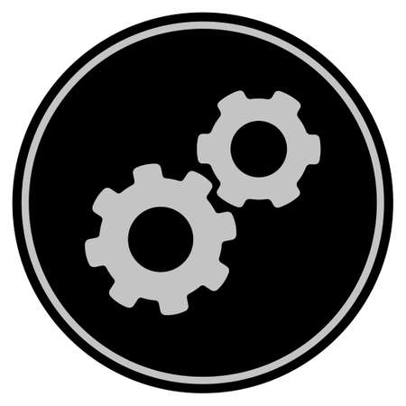 Gears black coin icon. Raster style is a flat coin symbol using black and light gray colors.の写真素材