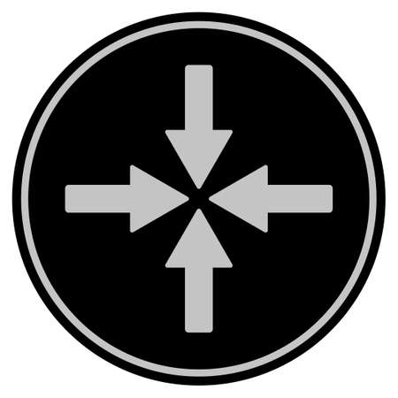 Collide Arrows black coin icon. Vector style is a flat coin symbol using black and light gray colors.のイラスト素材