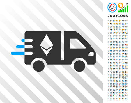 Ethereum Fast Delivery Car icon with 7 hundred bonus bitcoin mining and blockchain pictographs. Vector illustration style is flat iconic symbols design for crypto-currency websites.のイラスト素材