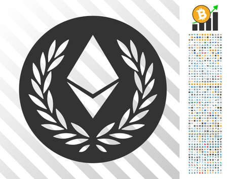 Ethereum Laurel Coin icon with 700 bonus bitcoin mining and blockchain pictographs. Vector illustration style is flat iconic symbols design for crypto currency apps.のイラスト素材