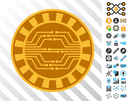Casino Chip Circuit playing cards icon with bonus bitcoin mining and blockchain images. Flat vector style for bitcoin software.のイラスト素材