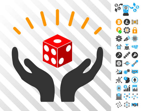 Dice Prosperity Hands playing cards pictogram with bonus bitcoin mining and blockchain icons. Flat vector symbols for bitcoin software.のイラスト素材