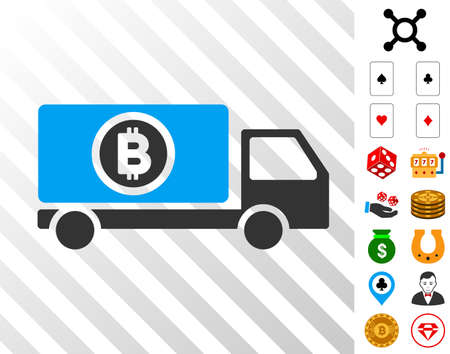 Bitcoin Delivery Truck pictograph with bonus gambling pictures. Vector illustration style is flat iconic symbols. Designed for gambling websites.のイラスト素材