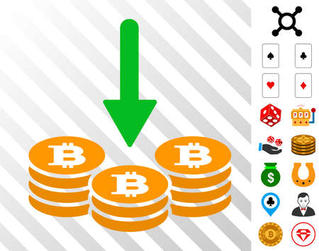 Receive Bitcoin Coins icon with bonus gambling symbols. Vector illustration style is flat iconic symbols. Designed for casino apps.のイラスト素材