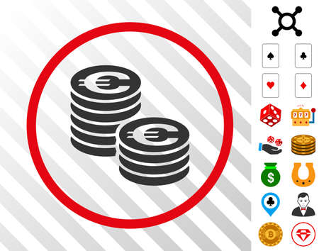 Euro Coin Columns gray icon inside red round frame with bonus casino clip art. Vector illustration style is flat iconic symbols. Designed for gambling ui.のイラスト素材