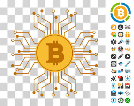 Bitcoin Circuit Links icon with bonus bitcoin mining and blockchain clip art. Vector illustration style is flat iconic symbols. Designed for cryptocurrency software.のイラスト素材