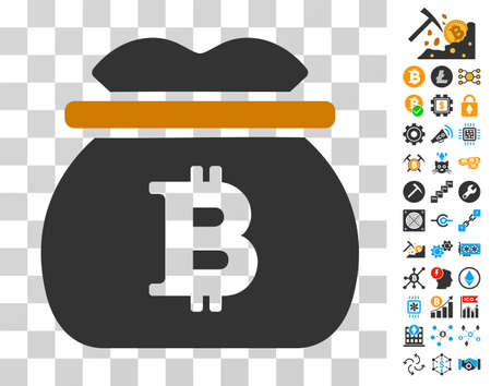 Bitcoin Money Bag icon with bonus bitcoin mining and blockchain design elements. Vector illustration style is flat iconic symbols. Designed for crypto-currency apps.のイラスト素材