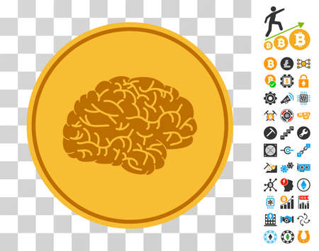Brain Coin pictograph with bonus bitcoin mining and blockchain pictograms. Vector illustration style is flat iconic symbols. Designed for crypto-currency apps.のイラスト素材