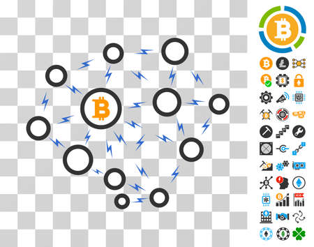 Bitcoin Lightning Network pictograph with bonus bitcoin mining and blockchain pictograms. Vector illustration style is flat iconic symbols. Designed for blockchain websites.のイラスト素材