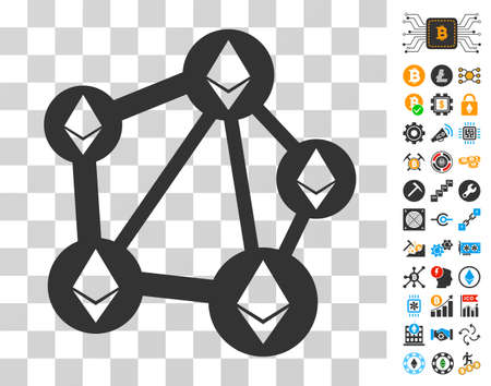 Ethereum Network icon with bonus bitcoin mining and blockchain pictographs. Vector illustration style is flat iconic symbols. Designed for bitcoin websites.のイラスト素材