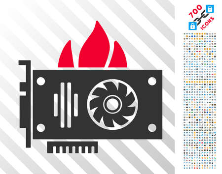 Burn Video Graphics Card icon with 700 bonus bitcoin mining and blockchain pictures. Vector illustration style is flat iconic symbols designed for crypto currency apps.のイラスト素材